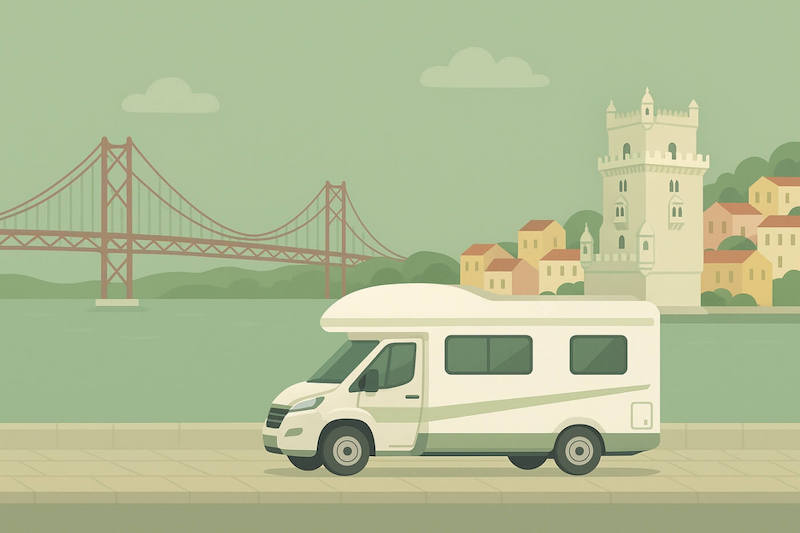 Camping-car garé face au pont du 25 Avril et à la tour de Belém à Lisbonne