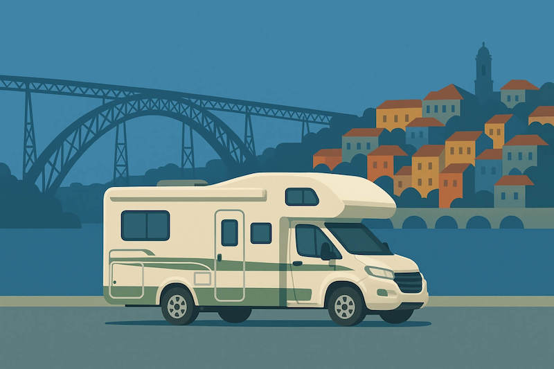 Camping-car stationné avec vue sur le pont Dom Luís à Porto